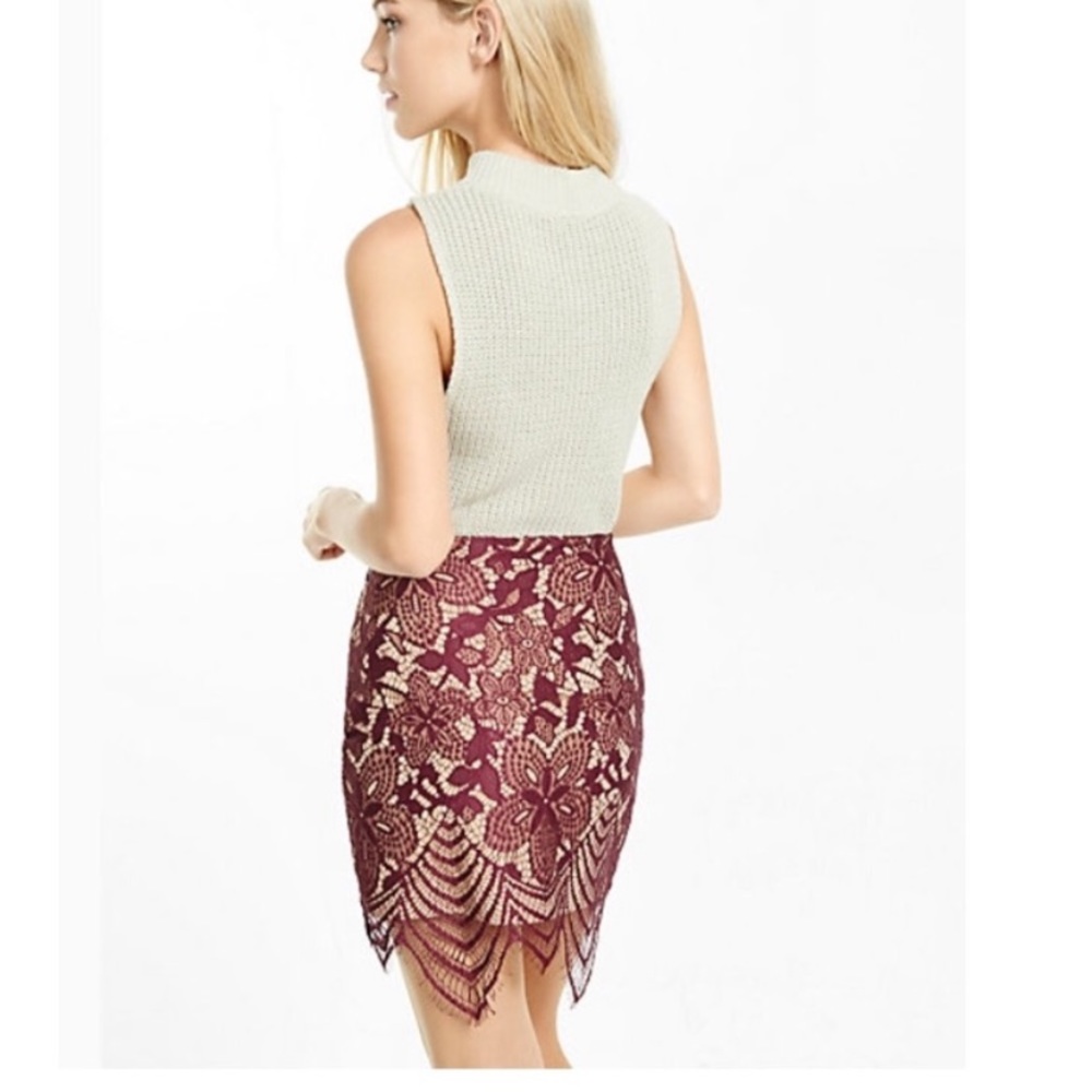 NWT Express Maroon Burgundy Tan Lace Mini Skirt Size 4